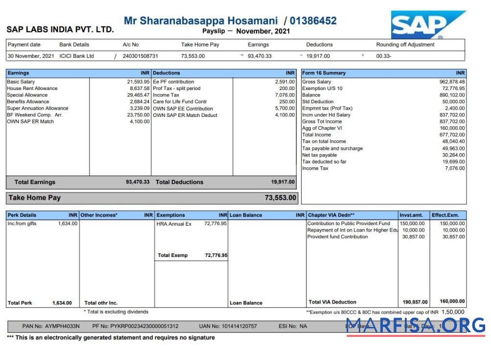 Printable Sap Labs Payslip template